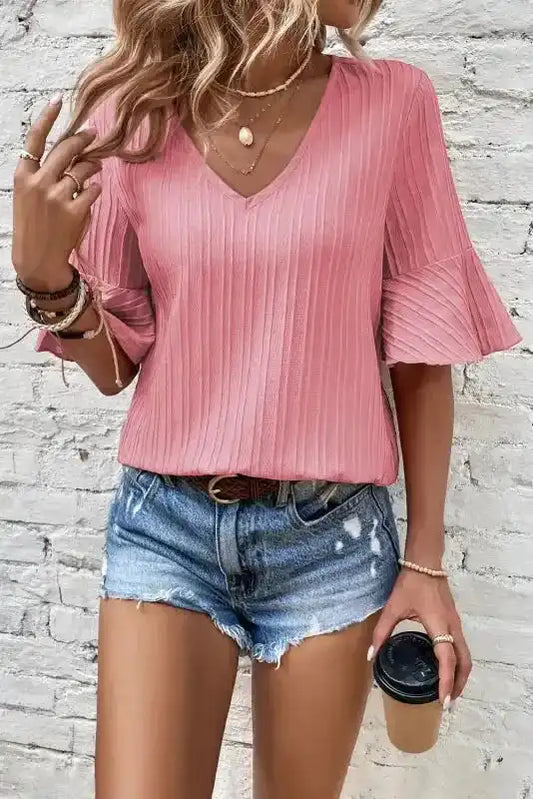 Peach Blossom Ruffled Half Sleeve V Neck Textured Top - Fashionfitz