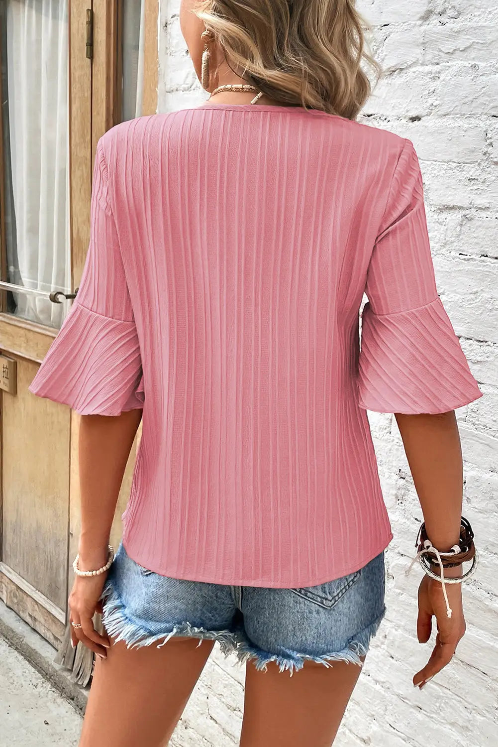 Peach blossom ruffled half sleeve v neck textured top - t-shirts