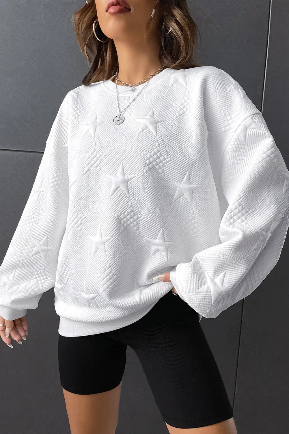 Peach blossom star embossed textured drop shoulder sweatshirt - sweatshirts & hoodies