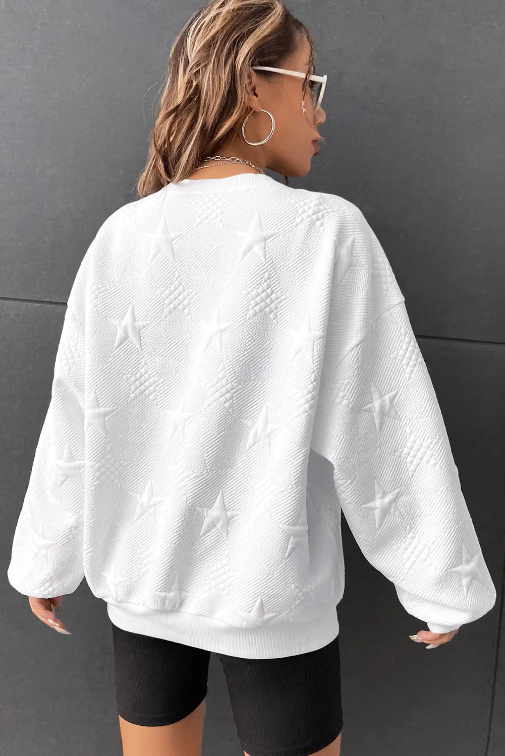Peach blossom star embossed textured drop shoulder sweatshirt - sweatshirts & hoodies