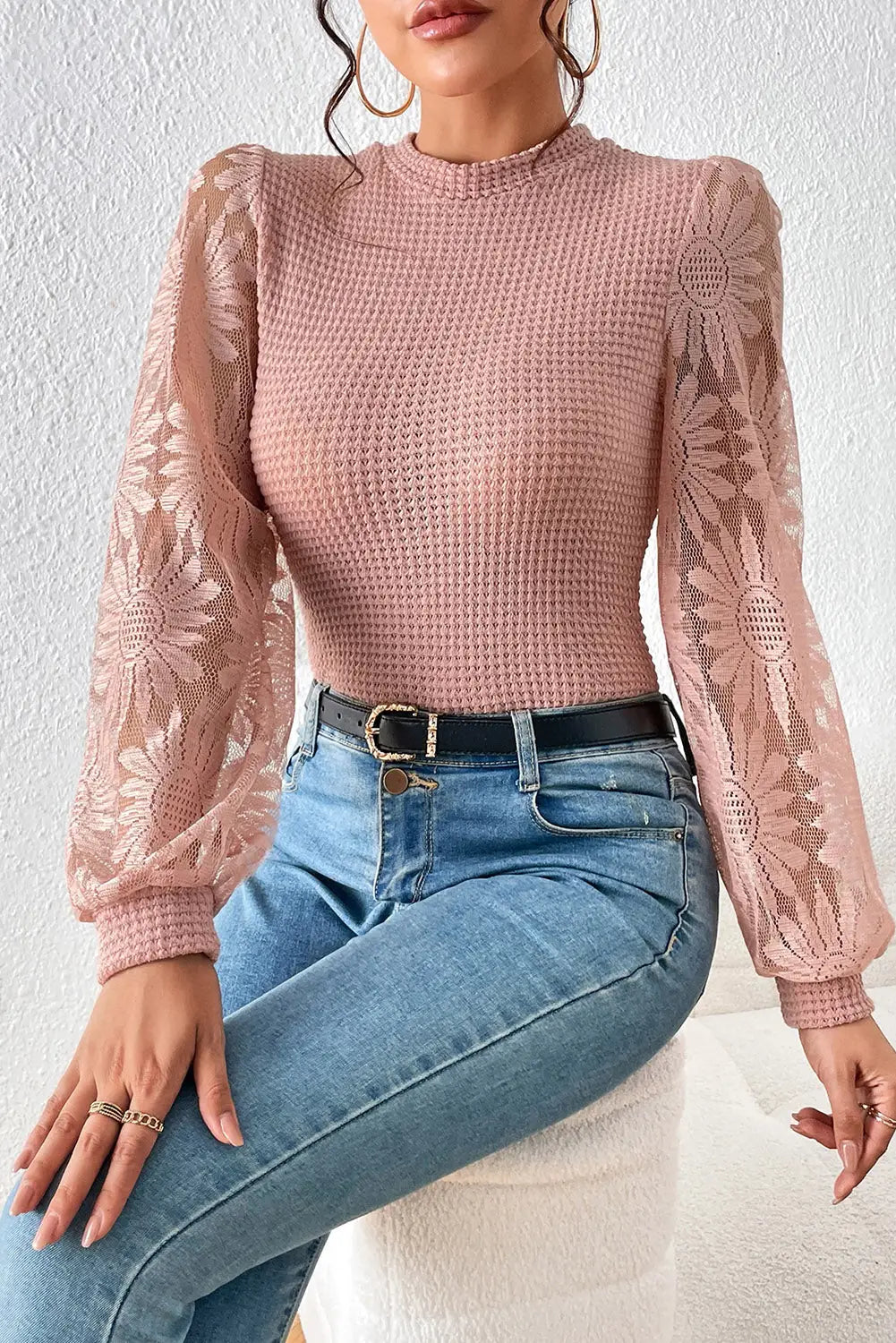 Peach blossom sunflower mesh bubble sleeve waffle knit top - long tops