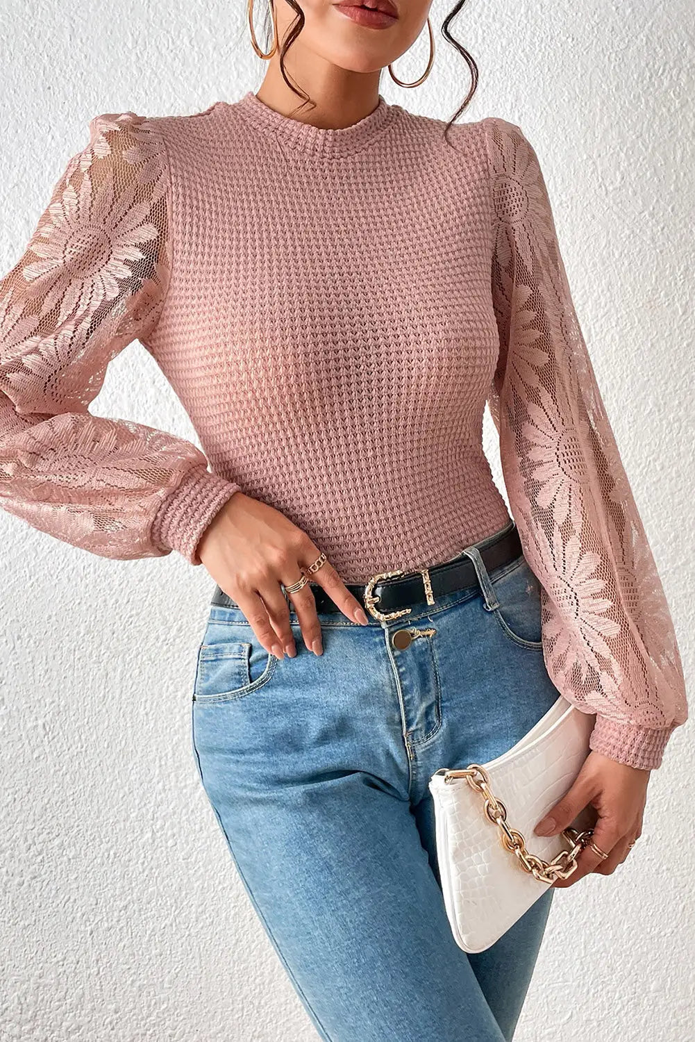 Peach blossom sunflower mesh bubble sleeve waffle knit top - long tops