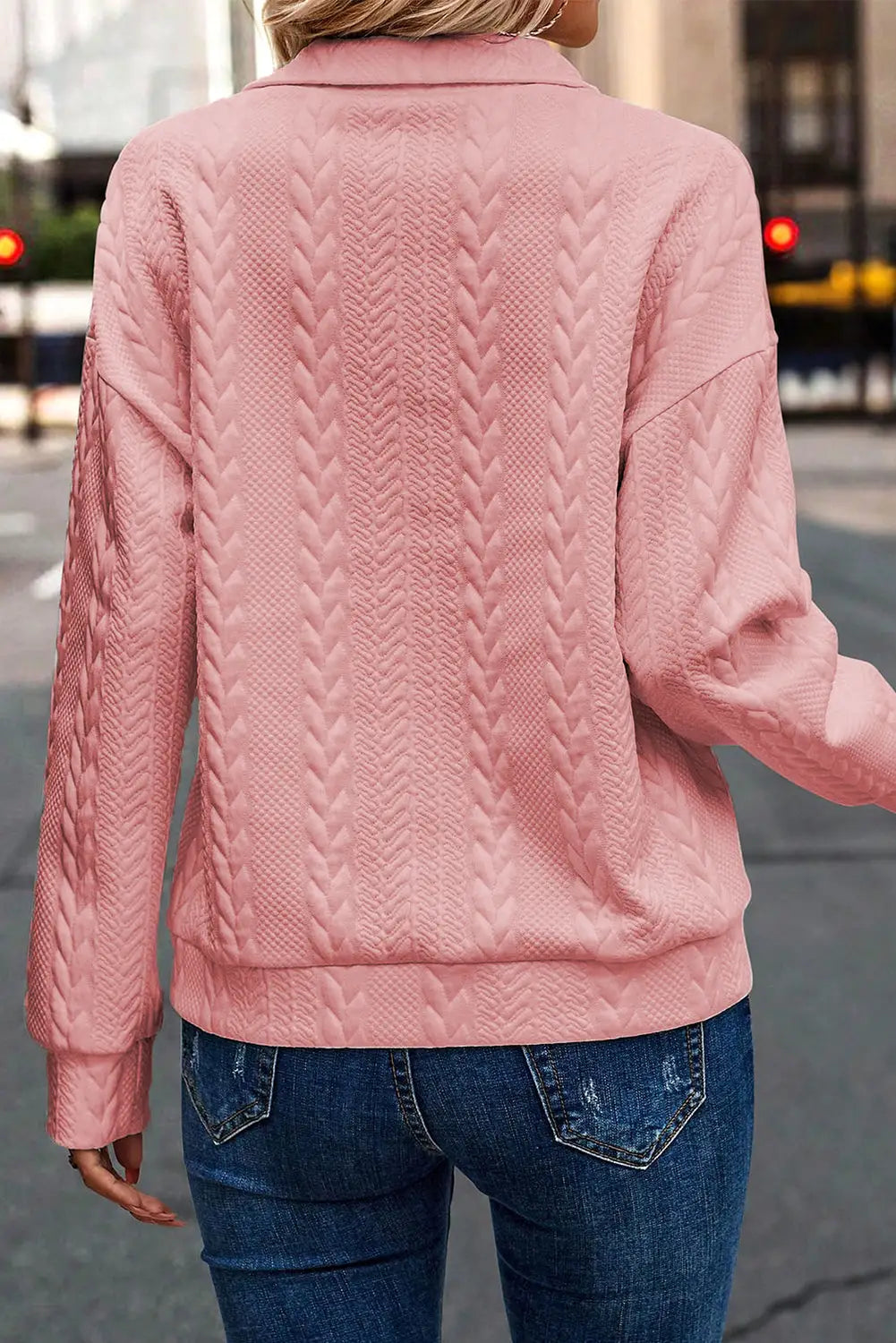 Peach blossom zip up cable textured sweatshirt - sweatshirts & hoodies