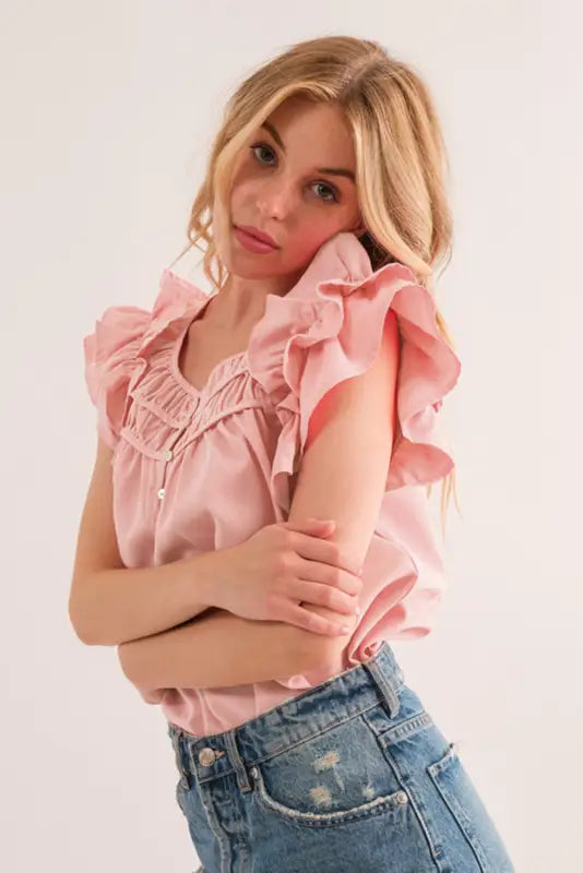 Peach shirring ruffle sleeve blouse - tops/blouses & shirts