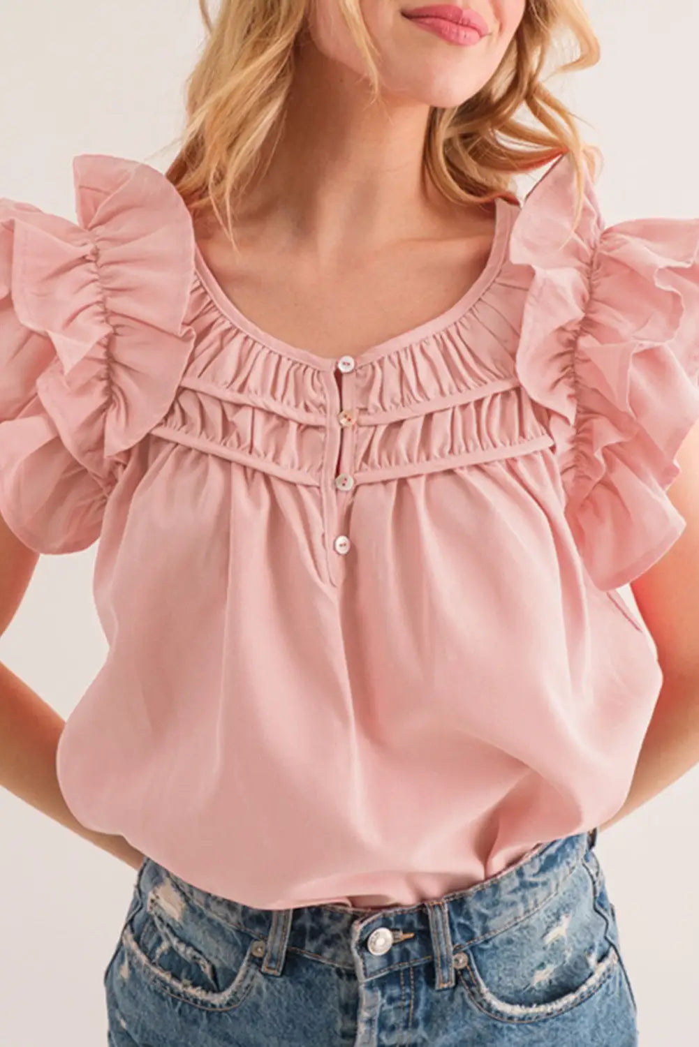 Peach shirring ruffle sleeve blouse - blossom / s / 50% polyester + 50% viscose - tops/blouses & shirts