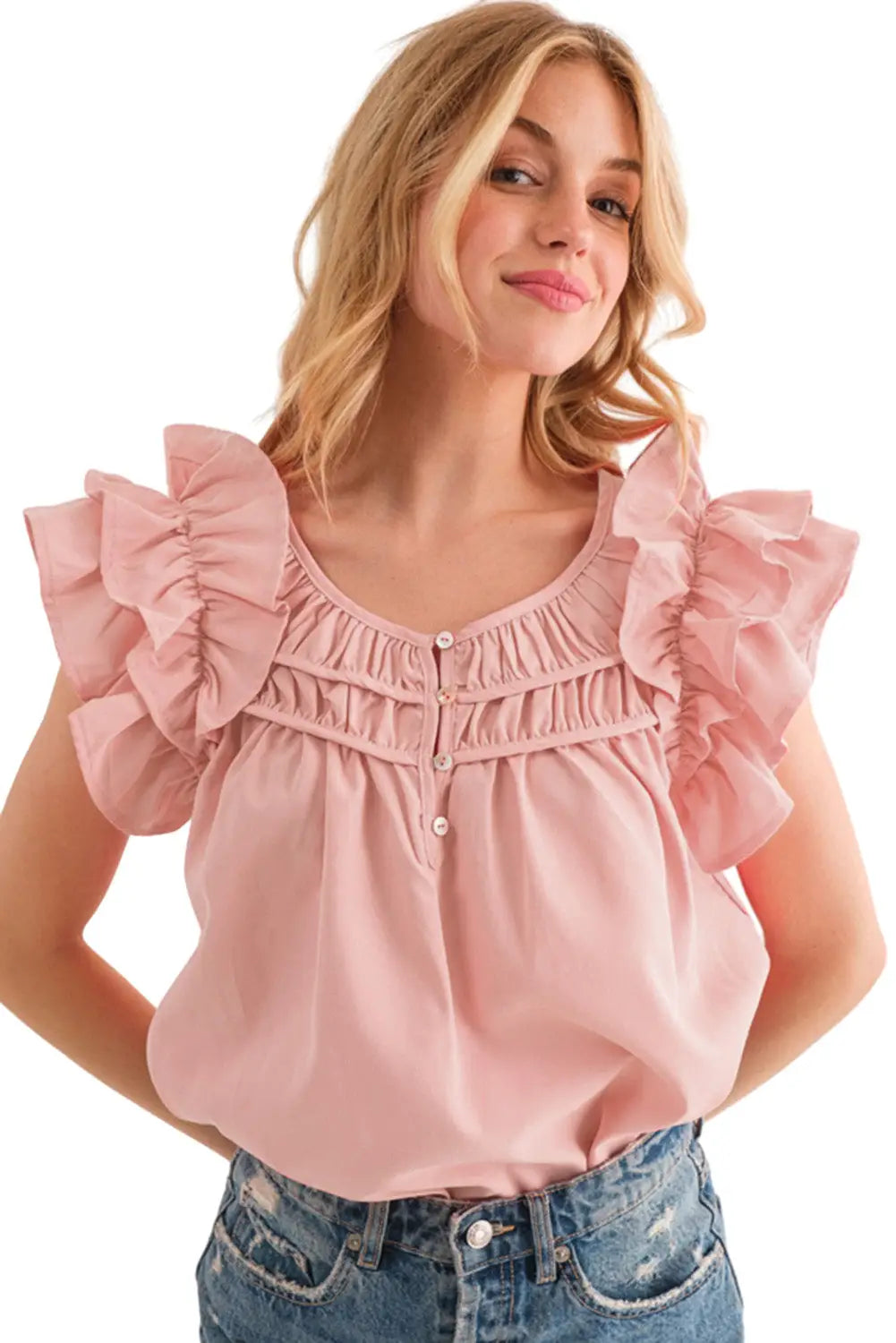 Peach shirring ruffle sleeve blouse - tops/blouses & shirts