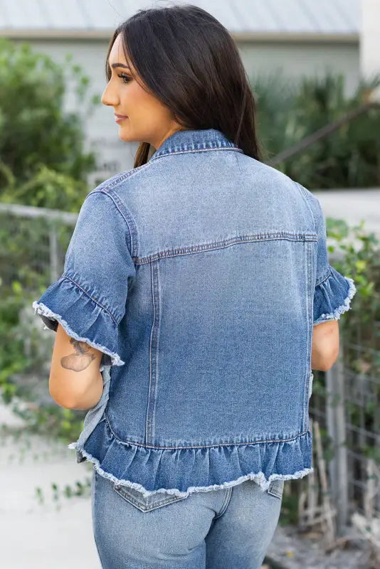 Peacock blue raw edge denim jacket | jackets | fashionfitz