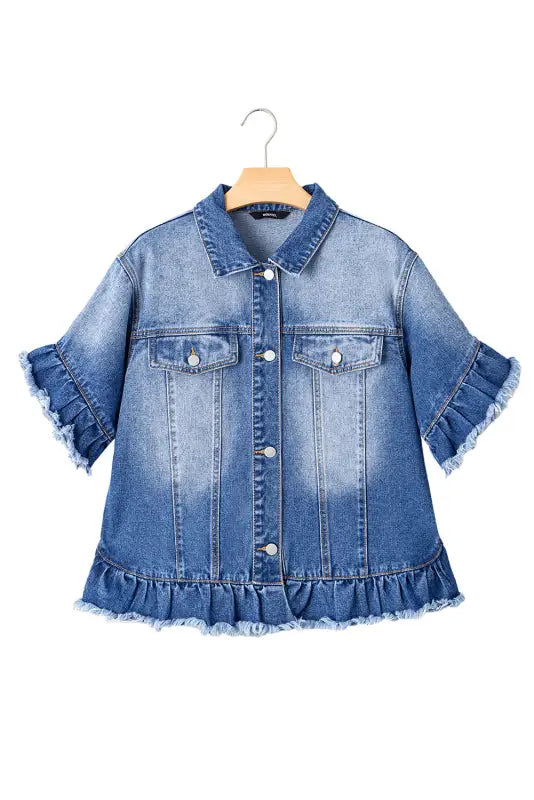 Peacock blue raw edge denim jacket | jackets | fashionfitz