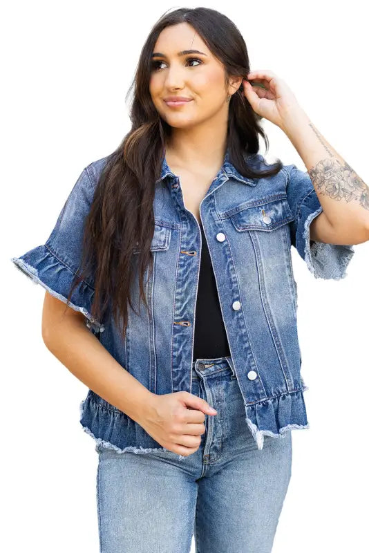 Peacock blue raw edge denim jacket | jackets | fashionfitz