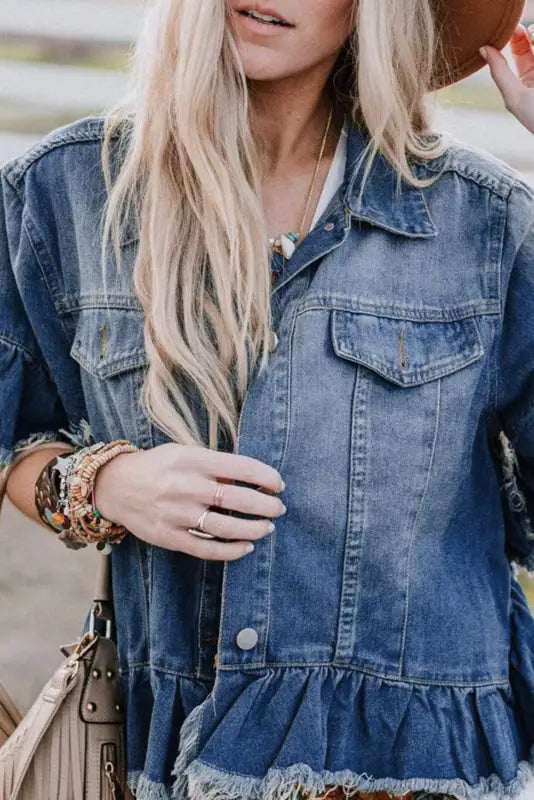 Peacock blue raw edge denim jacket | jackets | fashionfitz