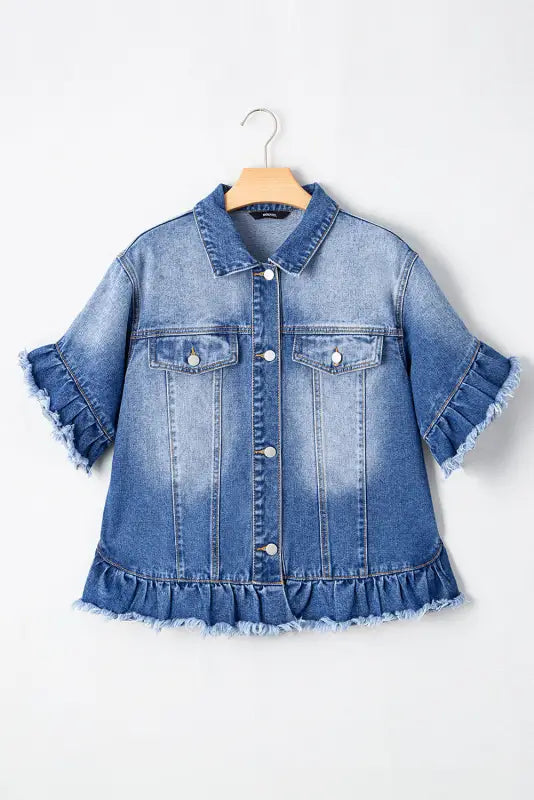 Peacock blue raw edge denim jacket | jackets | fashionfitz