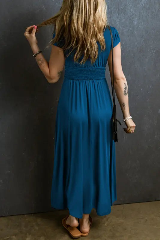 Peacock blue short sleeve shirred high waist v neck maxi dress - dresses