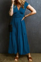 Peacock Blue Short Sleeve Shirred High Waist V Neck Maxi Dress - Fashionfitz