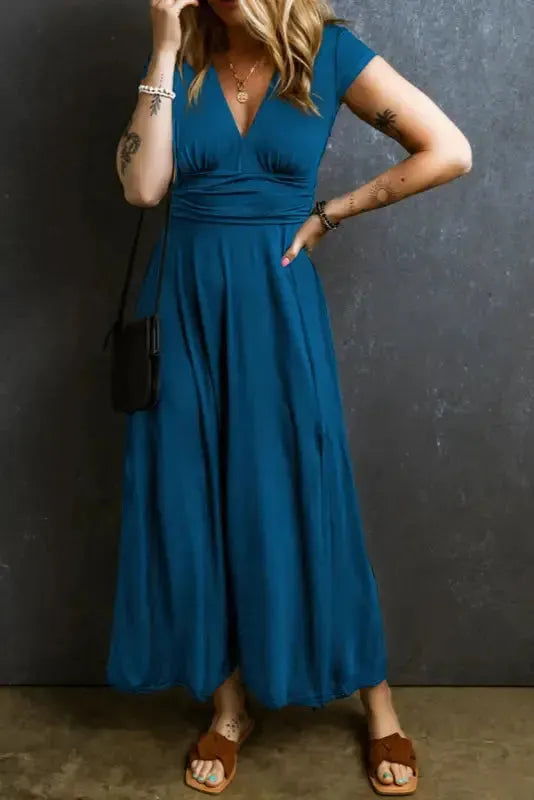 Peacock Blue Short Sleeve Shirred High Waist V Neck Maxi Dress - Fashionfitz