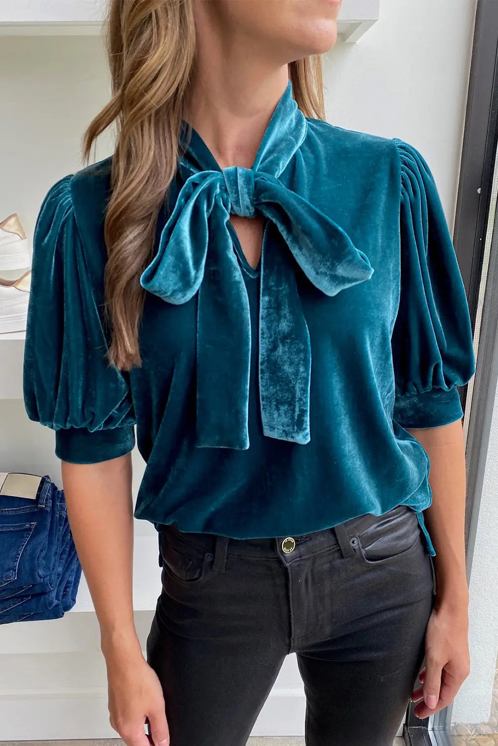 Peacock blue velvet bow tie neck short sleeve top - l / 90% polyester + 10% elastane - blouses & shirts
