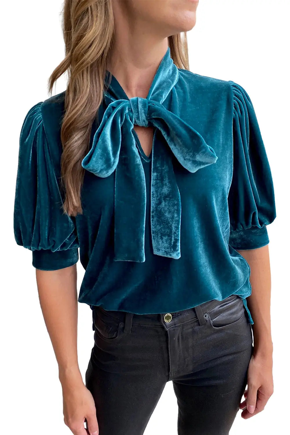Peacock blue velvet bow tie neck short sleeve top - blouses & shirts