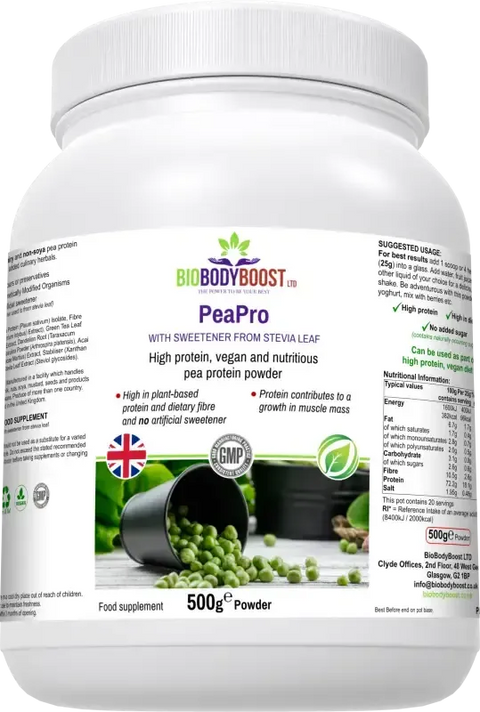 PeaPro Pea Protein Powder — high-protein, high-fibre pea protein, dairy-free gluten-free and vegan, 500g, BioBodyBoost UK