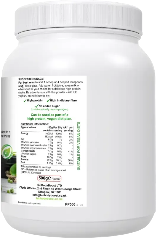 PeaPro Pea Protein Powder angled view — vegan muscle support and nutrition protein powder, BioBodyBoost UK