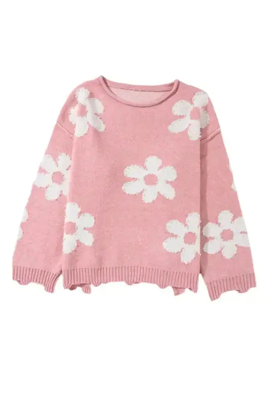 Pearl Beaded Floral Sweater - Fashionfitz