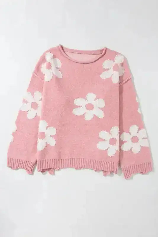 Flat lay of Ladies Pink Pearl Beaded Floral Sweater by FashionFitz, showing full floral design and scalloped hem.