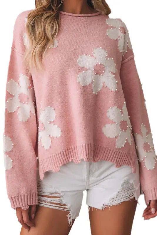 Pearl beaded floral sweater - sweaters