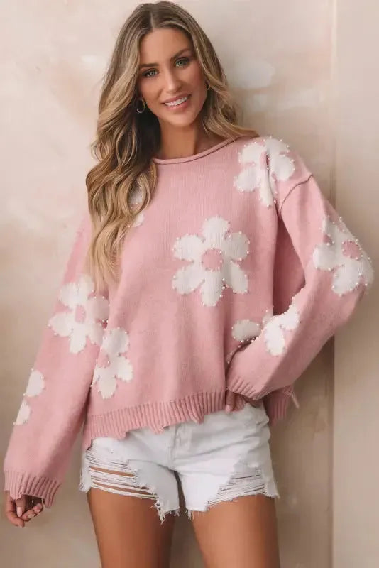 Pearl Beaded Floral Sweater - Fashionfitz