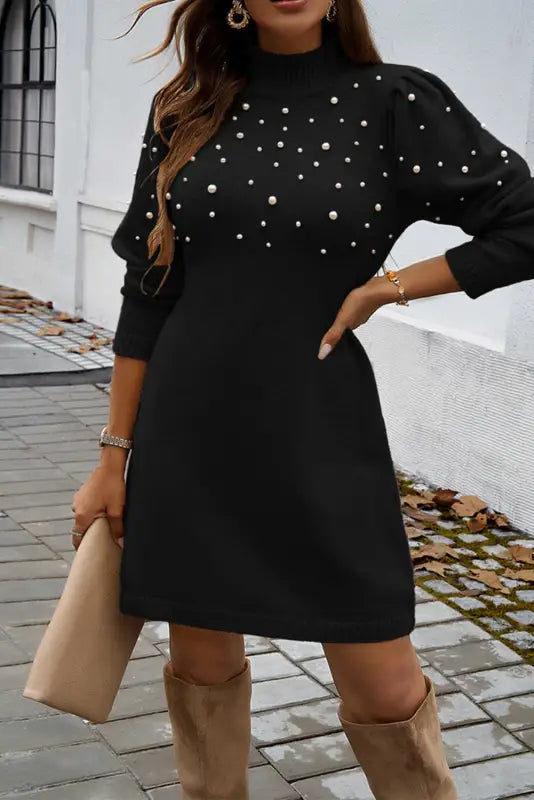 Pearl beaded jumper dress - high neck bodycon