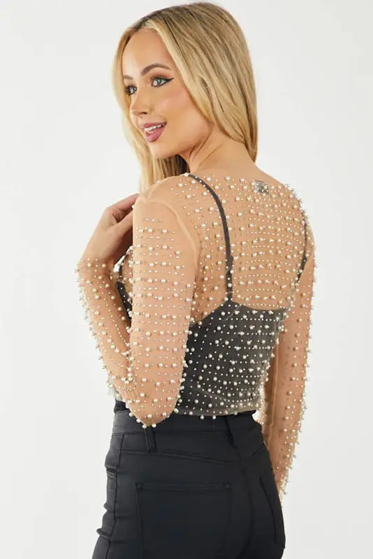 Apricot pearl and rhinestone detail sheer mesh top - crop tops