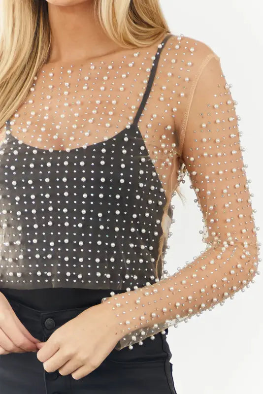 Apricot pearl and rhinestone detail sheer mesh top - crop tops