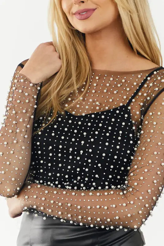 Black pearl and rhinestone detail sheer mesh top - crop tops