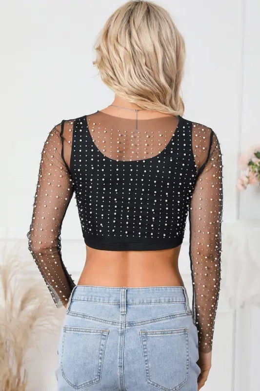 Black pearl and rhinestone detail sheer mesh top - crop tops