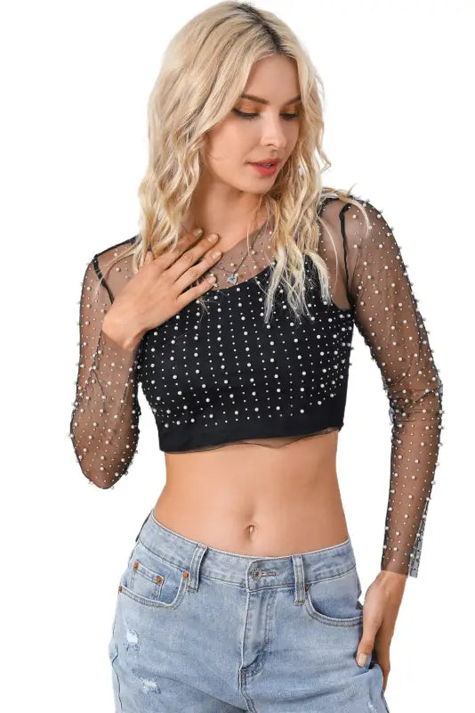 Black pearl and rhinestone detail sheer mesh top - crop tops