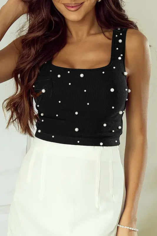 Black pearl sleeveless crop top - tops