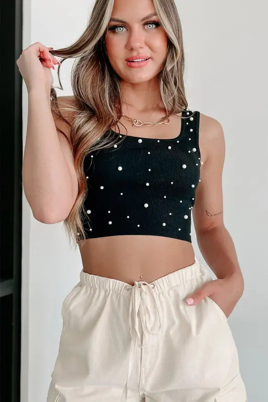 Black pearl sleeveless crop top - tops