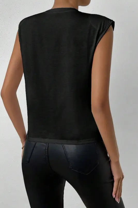 Black pearls beaded shoulder pad crew neck tank top - tops