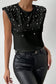 Black pearls beaded shoulder pad crew neck tank top - tops