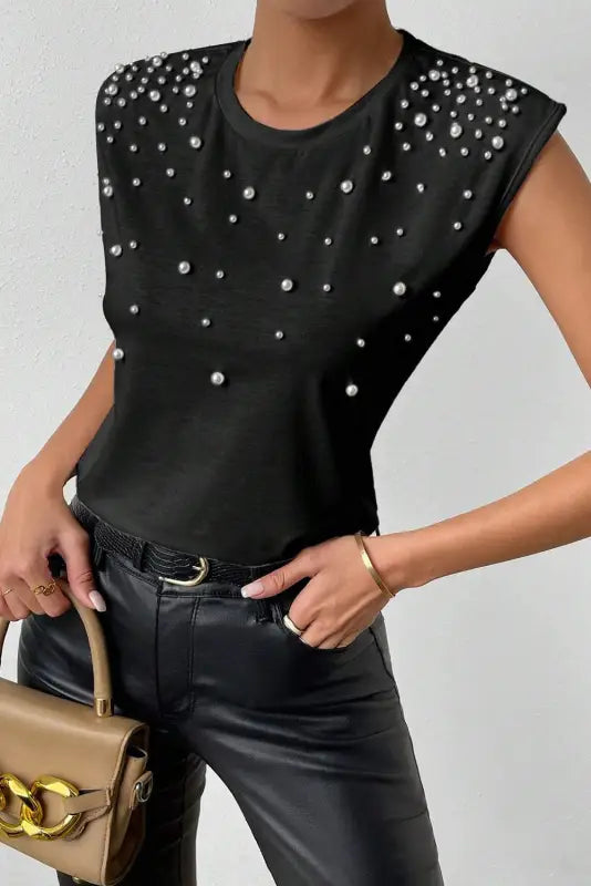 Black pearls beaded shoulder pad crew neck tank top - tops