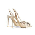 Back view of ivory Petal Pirouette Slingback Heels with slim stiletto heels and adjustable ankle straps, available at FashionFitz.