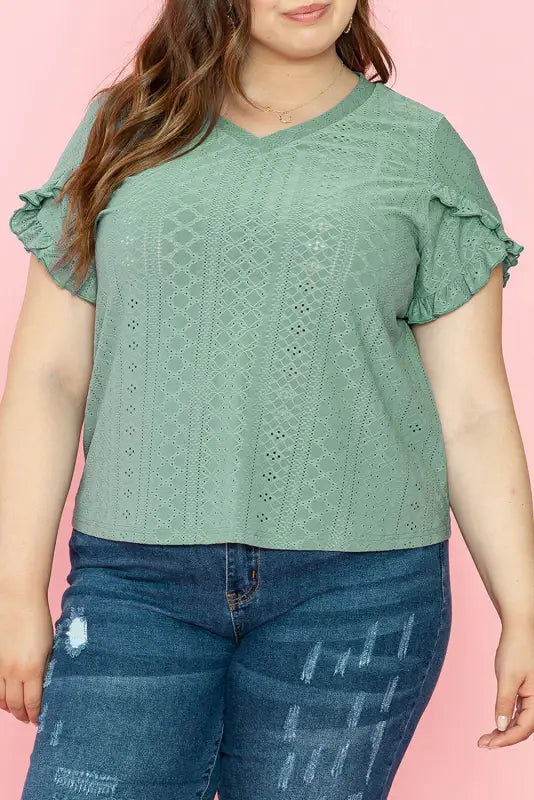 Petal sleeve jacquard v neck curvy blouse - plus size/plus size tops/plus blouses & shirts