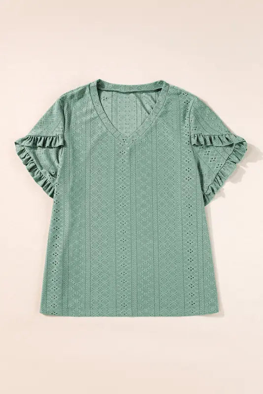 Petal sleeve jacquard v neck curvy blouse - laurel green / 1x / 95% polyester + 5% elastane - plus size/plus size