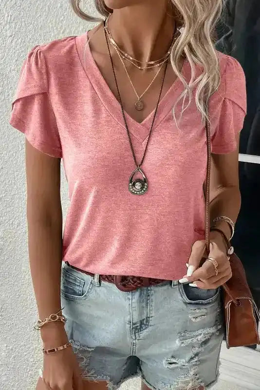Petal Sleeve V-Neck T-Shirt Women UK — front view showing distinctive petal sleeves and V-neckline — Fashionfitz