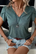 Petal Sleeve V-Neck T-Shirt - Fashionfitz