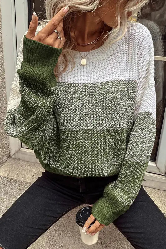 Pickle green color block drop shoulder ribbed trim sweater - sweaters & cardigans