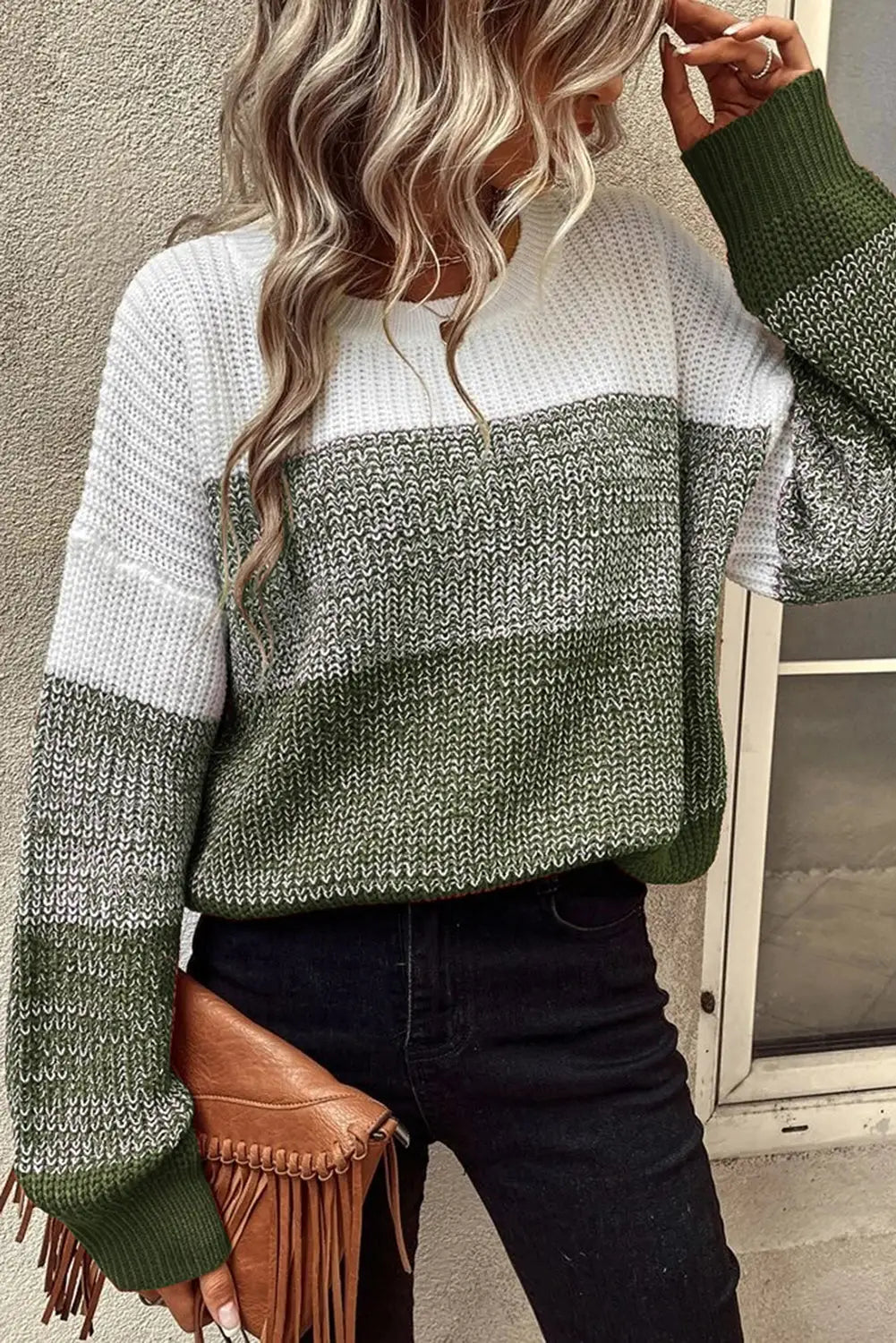 Pickle green color block drop shoulder ribbed trim sweater - s / 100% acrylic - sweaters & cardigans