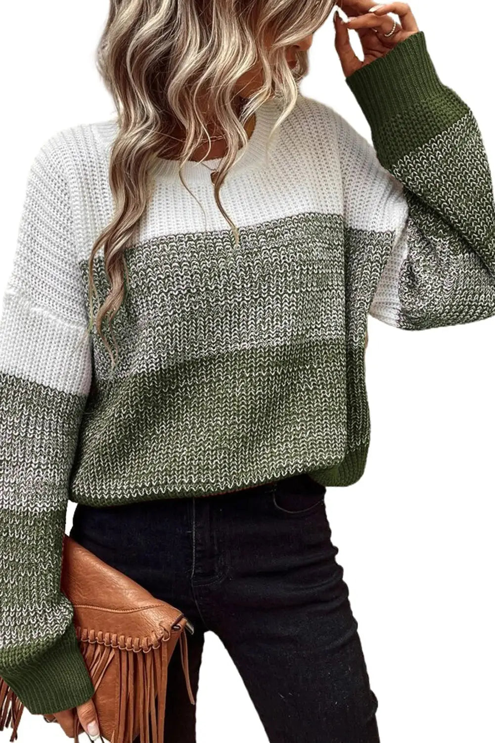 Pickle green color block drop shoulder ribbed trim sweater - sweaters & cardigans