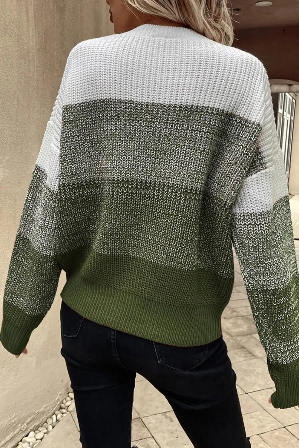 Pickle green color block drop shoulder ribbed trim sweater - sweaters & cardigans