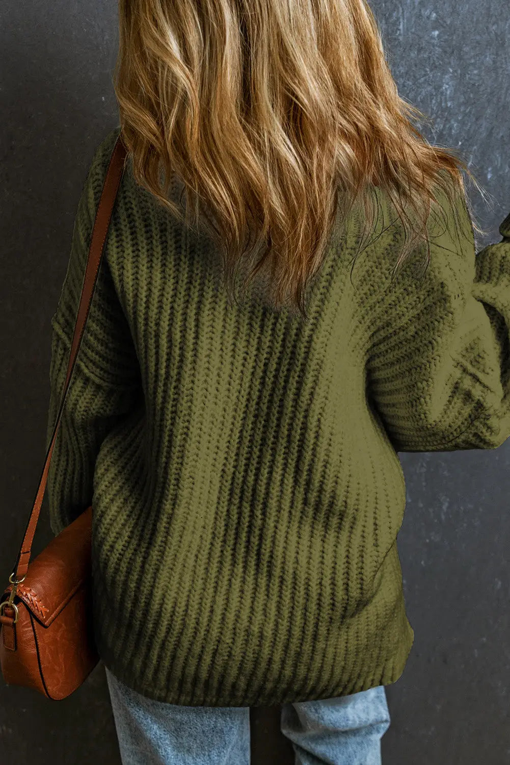 Pickle green ribbed knit round neck slouchy chunky sweater - sweaters & cardigans