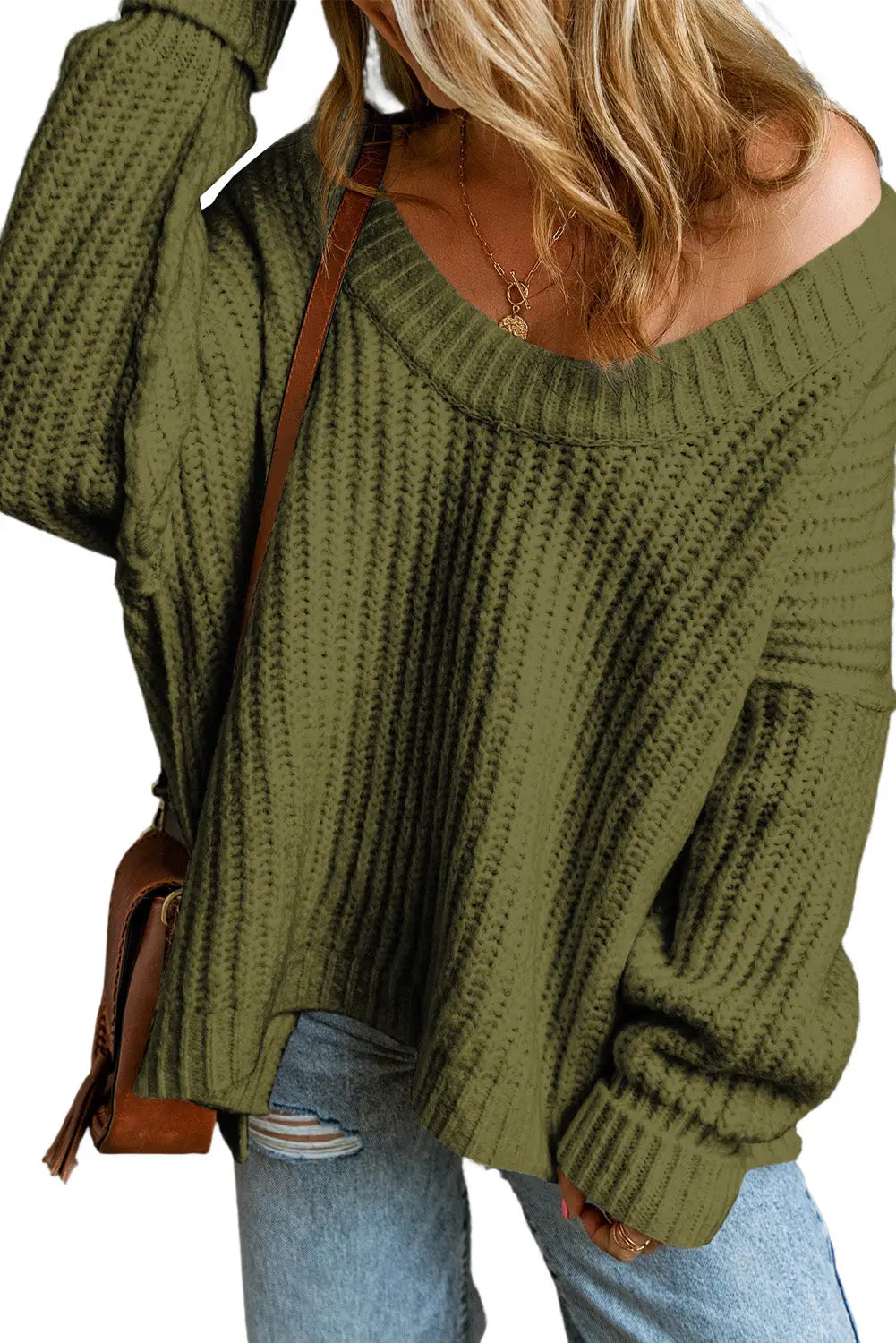 Pickle green ribbed knit round neck slouchy chunky sweater - sweaters & cardigans