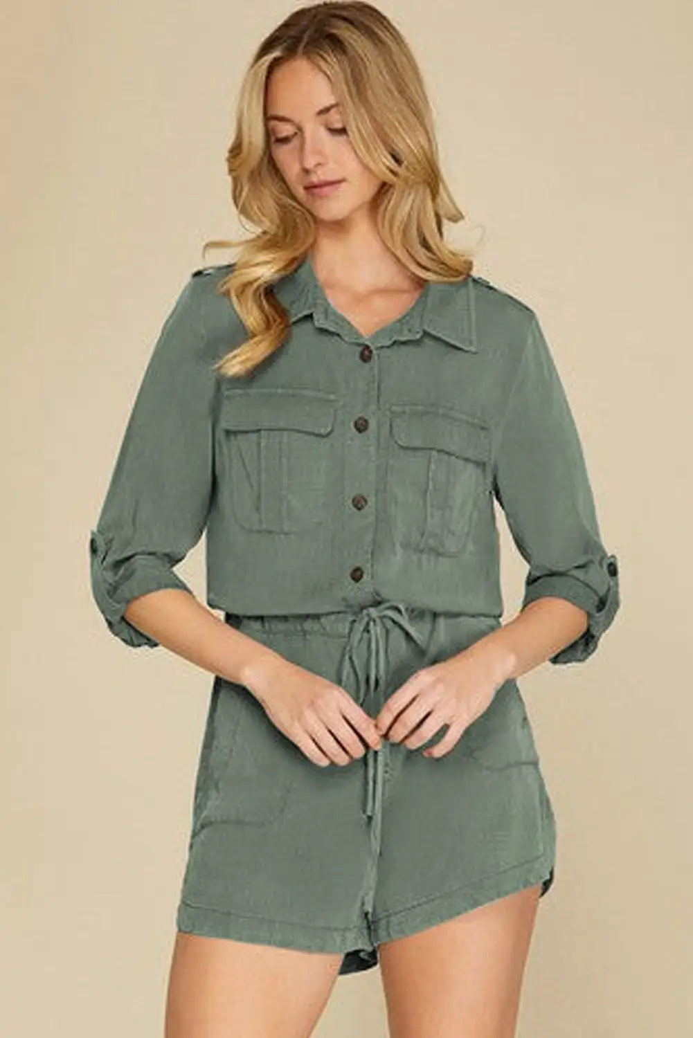 Pickle green roll up sleeve flap pockets drawstring playsuit - jumpsuits & rompers