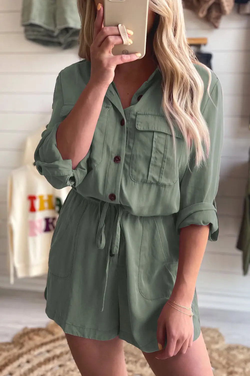 Pickle green roll up sleeve flap pockets drawstring playsuit - s / 70% viscose + 30% polyester - jumpsuits & rompers